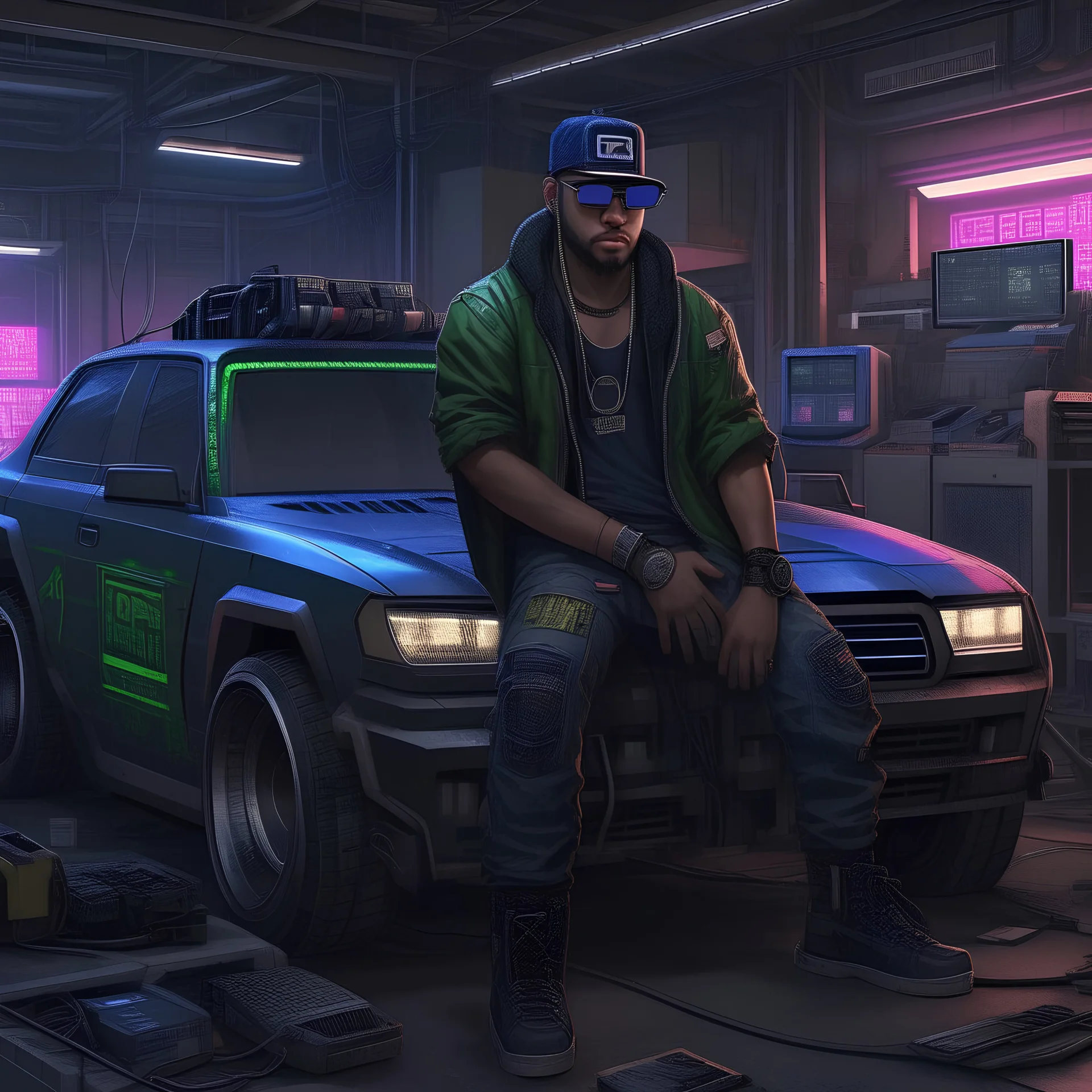 Cyberpunk hip-hop car engineer