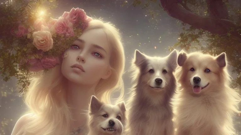 Woman with two adorable dogs in a serene park setting, soft natural lighting, detailed character design, digital painting by Lois van Baarle and Charlie Bowater, heartwarming, expressive eyes, 4k resolution