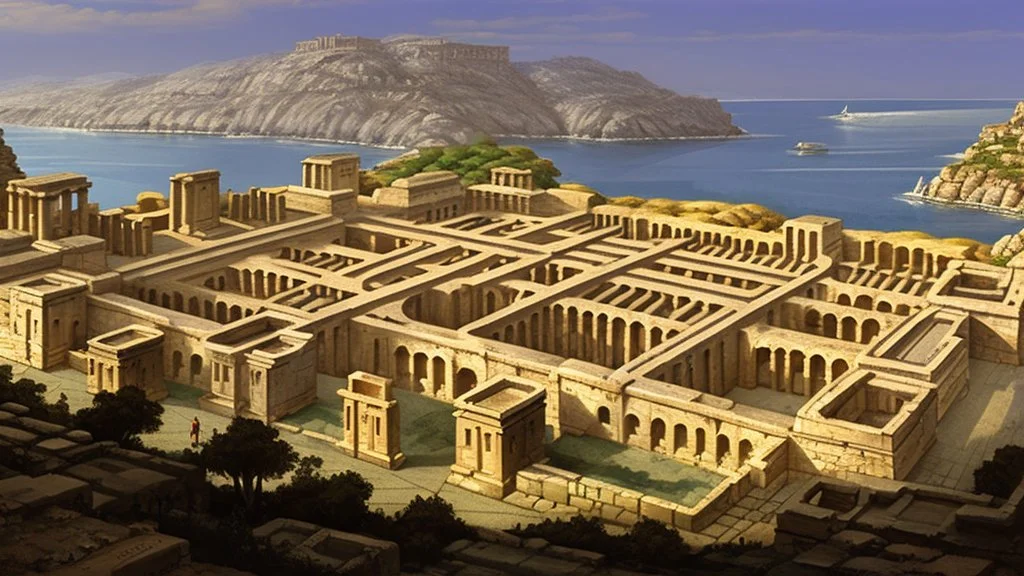 An ancient Phoenician city with a large gate , from down view