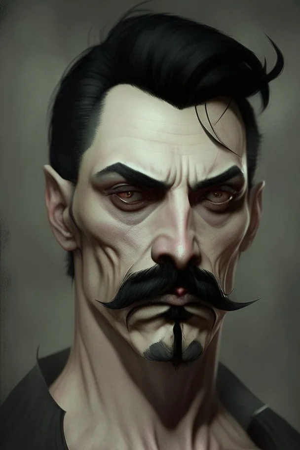 short wirey lean muscular trimmed goatee moustache sterm serious short black hair pale skin ghoul wight