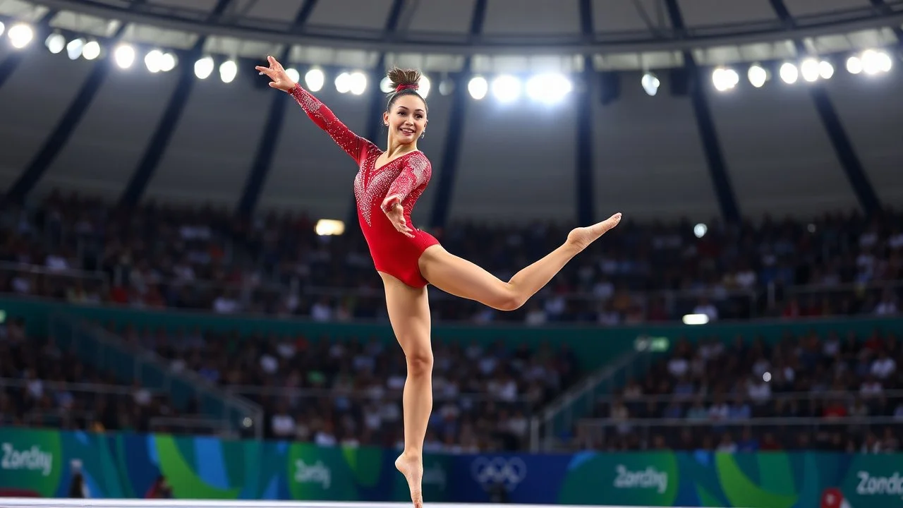 Please provide a detailed Photo of a female gymnast performing her routine on the floor exercise at the Olympic Games. Include specific elements of her performance, such as her choreography, the difficulty of her moves, her artistry, and how she engages the audience. Additionally, describe the atmosphere of the event, the reactions of the crowd, and any notable aspects of her presentation. The output should be structured in a way that captures the excitement and technical skill of the performanc