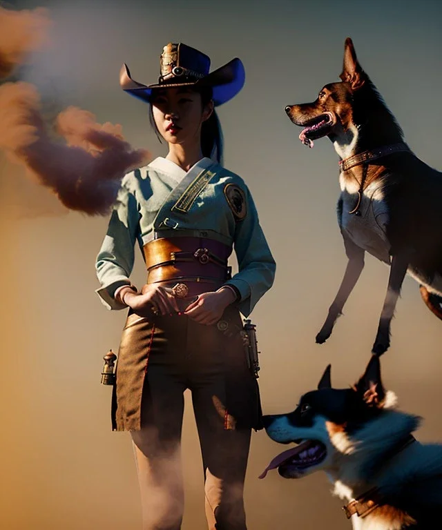 Ultra realistic, steampunk western party scene. Geisha Asian woman with dog man, waist up view, smoke, happy, color fog, people background, highly detailed, concept art, unreal engine 5, god rays, ray tracing, RTX, lumen lighting, ultra detail, volumetric lighting, 3d, finely drawn, high definition, high resolution.