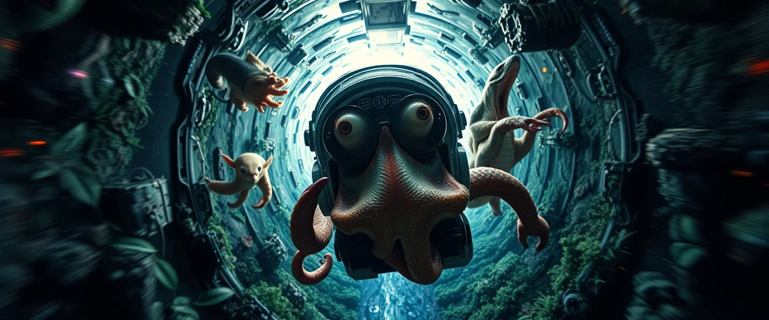 deep horizon hyper sonic space warp through jungle tunnel crash pilot ,weird experiment gone wrong perspective close up portrait of dj shrimp beaver octopus smug snake gringo gremlin pilot floating in space, looking down on cam, with background in the style of escher and giger, a chill contrapunctus fugue in the style of fsol, beethoven, goa trance breaks, dancefloor drum and bass,