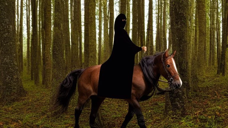 Dark robed wizard on a horse in the forest