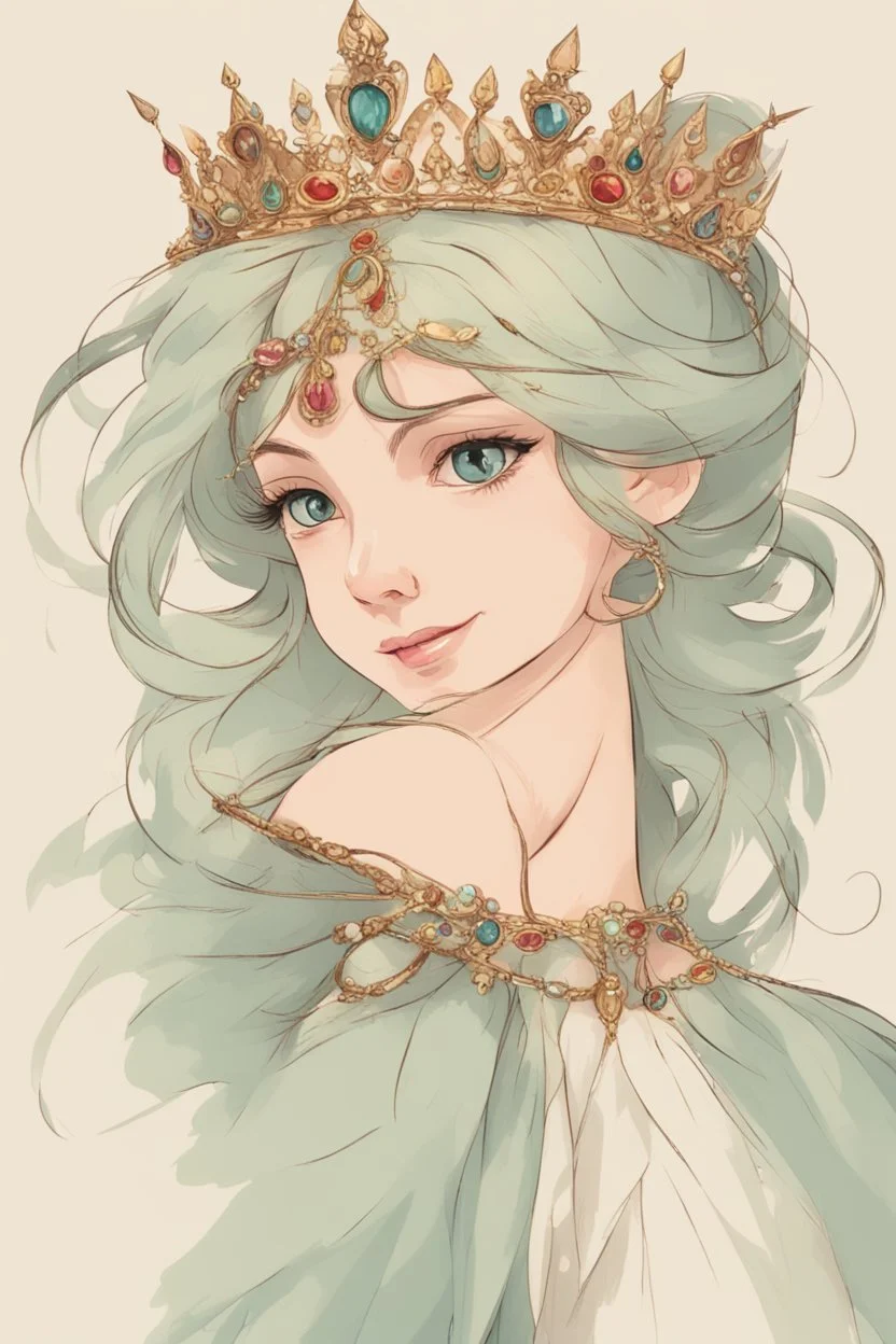 The spirited princess, known for her adventurous spirit. She would wear a vibrant and stylish dress, with a touch of playfulness. Her crown would be a dainty and whimsical circlet, adorned with colorful gemstones.