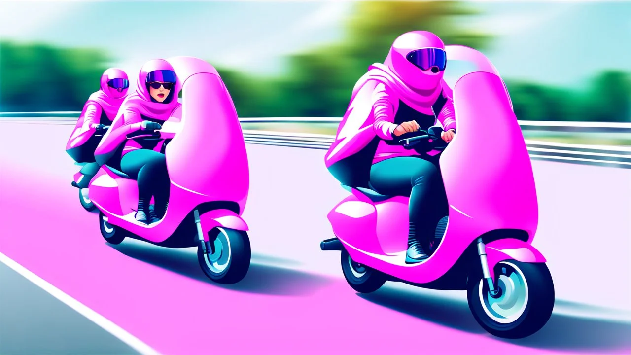 Hyperrealistisch mehrere stämmige, üppige Frauen, völlig verhüllt von identischen pinkfarben glänzenden Motorradkombination mit spiegelndem Visier in pinkfarbenem, geschlossenem Helm fahren pinkfarbene Elektroroller auf breiter Straße um die Wette