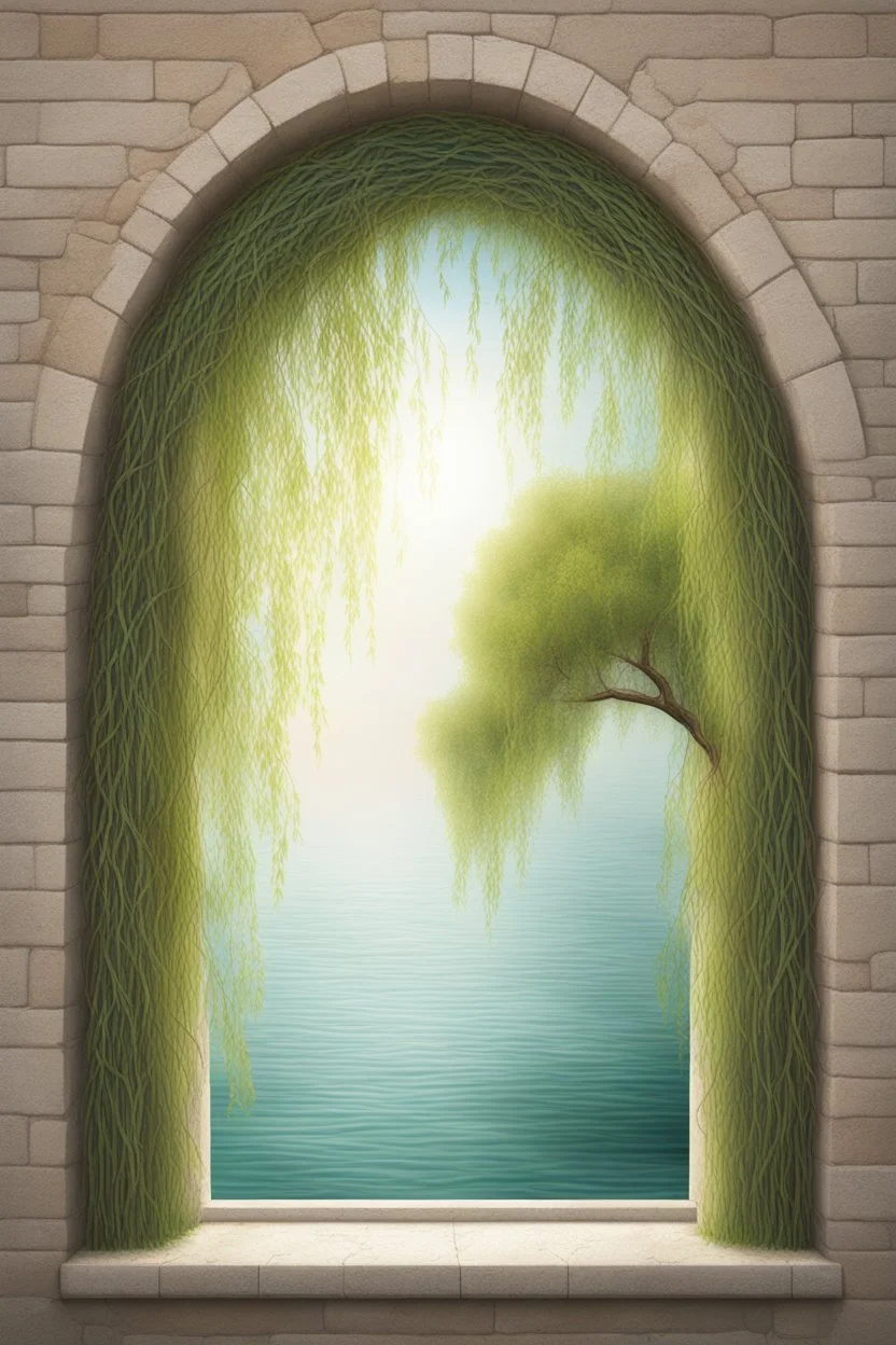 Colorful Logo of a pretty willow tree with long green hanging branches, standing outside a square window with an arch, emphasize the window and arch, serene tranquil background with a body of water.