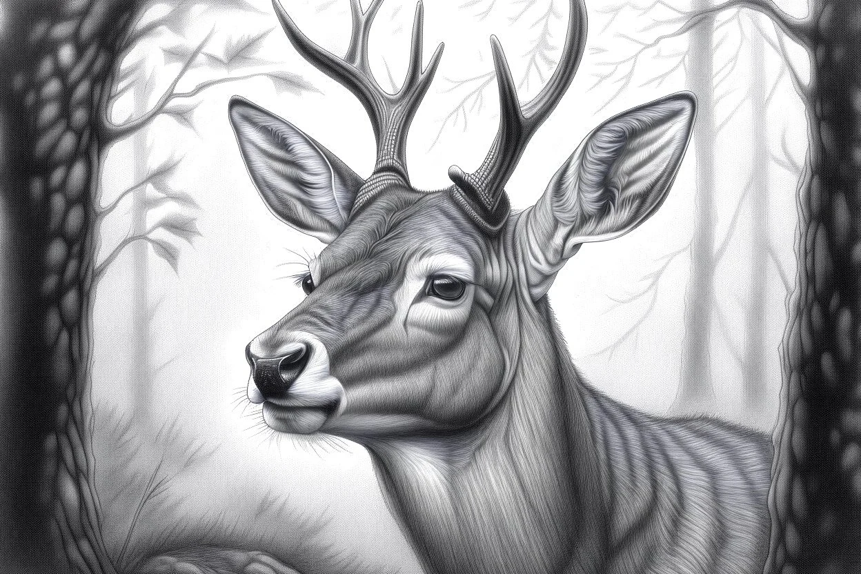 Deer gracefully roam the forest wearing their antlers like crowns of nobility. It’s a mesmerizing experience to spot a deer. - Pencil drawing.