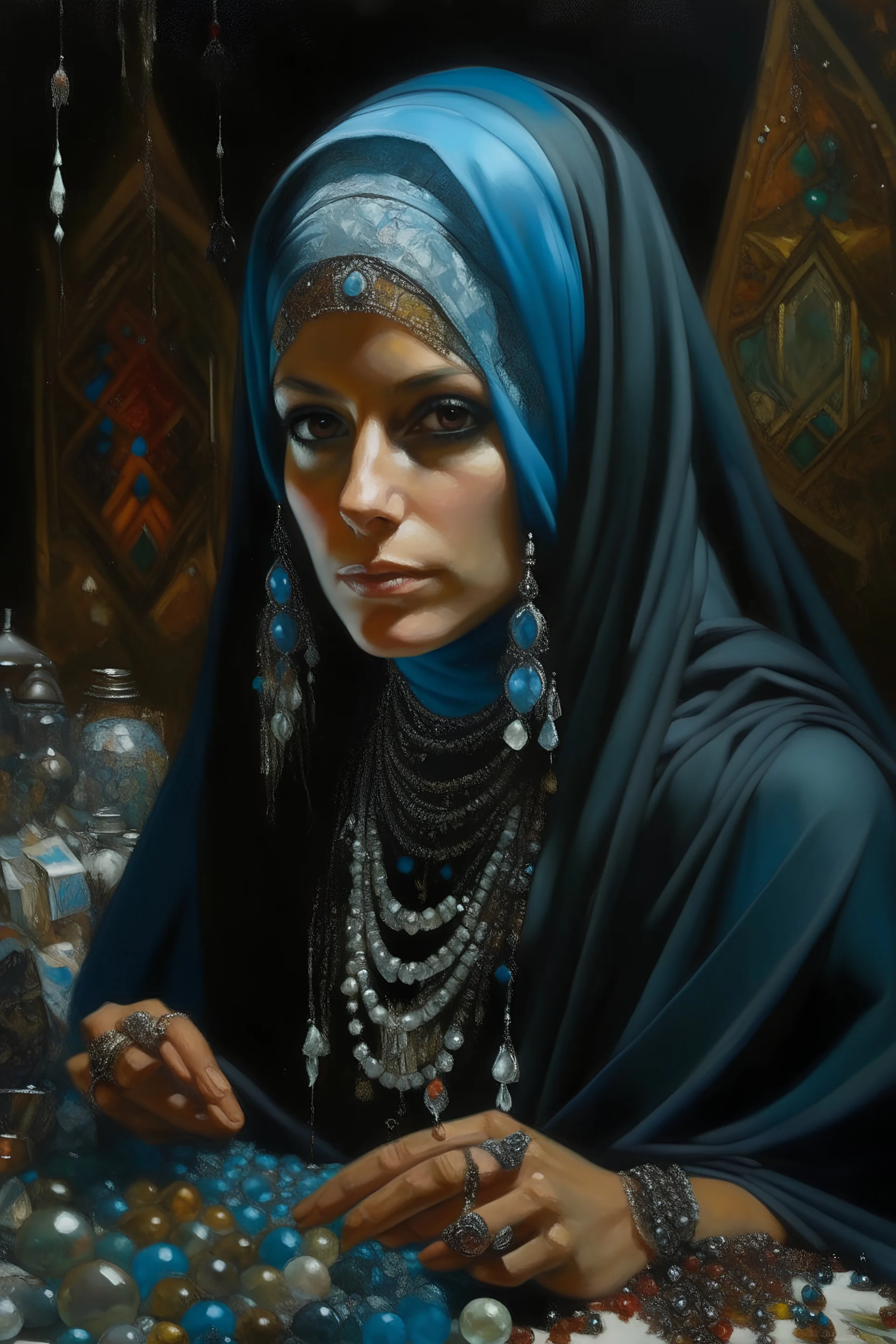 Artistic painting by paintbrush, Portrait of Muslim woman in burqa, in turban, loads of hanging crystals around her, heavy makeup, loads of jewellery, painted by in style of Paul Gaugain