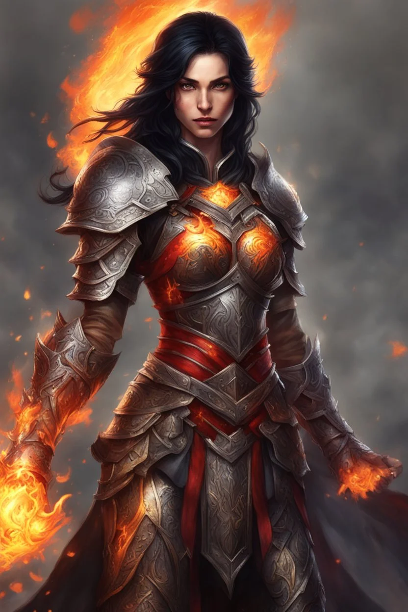 Picture a powerful female Paladin Druid, her eyes shining bright red as she conjures flames with her hands. Her black hair appears ablaze, emitting fire effortlessly. Clad in lightweight magical armor, she relies on her mastery of fire and magic, with a scar on her face telling tales of battles faced and conquered against her tanned skin, embodying strength and elemental mastery