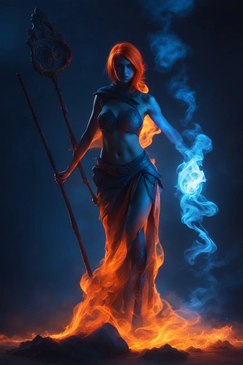 The female Shadow of Death using the staff of destruction. blue fire and orange smoke. fantasy art, Cinematic lighting, Volumetric lighting, Epic color composition, the naked truth, octane render