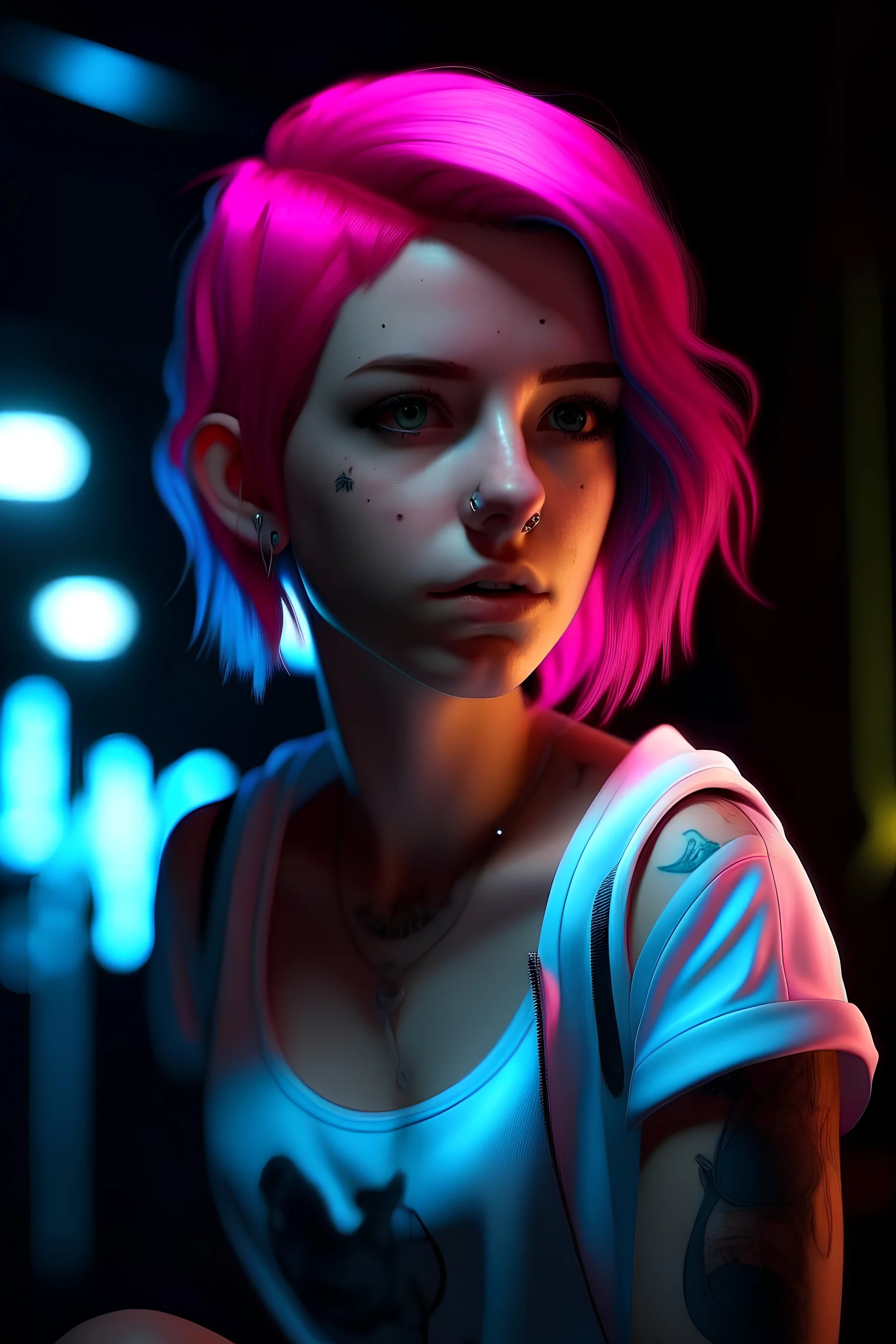 (masterpiece, best quality: 1.2), realistic, 50mm portrait, absurd, ((bloom, glow, neon)), high contrast, depth of field, dynamic lighting, night, darkness, 1girl, solo, beautiful, slim , small breasts, delicate facial features, Hip-Hop, pink hair, white shirt, cyan skirt, cyan eyes, splash painting, graffiti on the wall, --ar 2:3