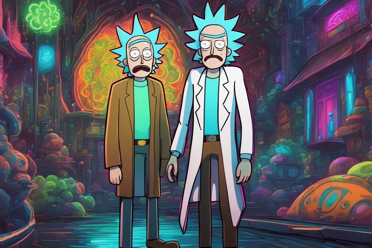 Rick in 8k cartoon artstyle, neon effect, Rick and morty them, close picture, rain, fantasy world, intricate details, highly detailed, high details, detailed portrait, masterpiece,ultra detailed, ultra quality