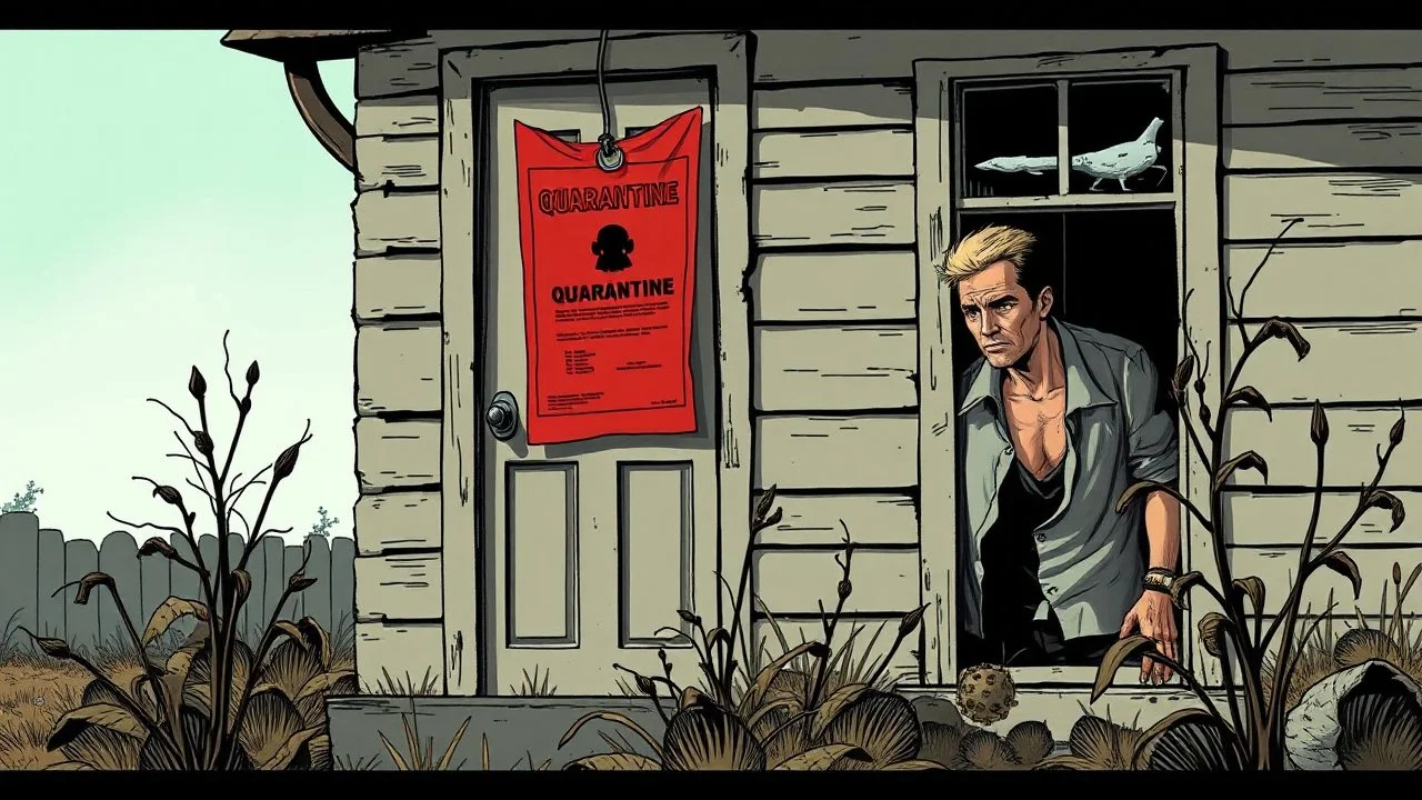 Comic style, Scene of a deserted house during quarantine, a red card hanging on the door, with a male Caucasian figure, wearing a tattered shirt, peering from a window, showing signs of illness, surrounded by wilted plants in the yard., graphic illustration, comic art graphic novel art, highly detailed