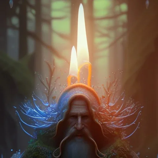 top down medium close up of blue robed water monk with long beard in candle light, Dark fantasy concept art, dynamic lighting, Intricately detailed, Splash screen art, deep color, Unreal Engine, volumetric lighting, blue flowers, moss, leather, creek, flowing water, fantasy dark forest artwork,back light