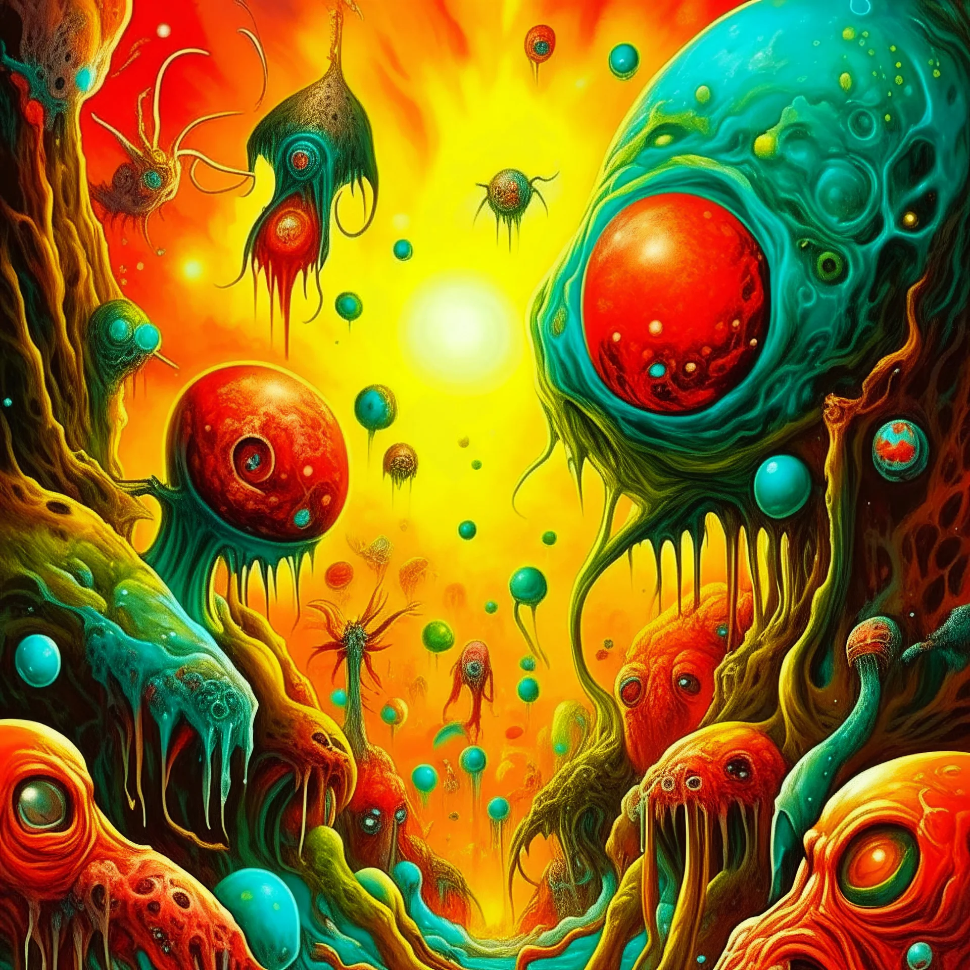 a high definition screen shot of a ancient comic book cover detailing the creatures found on other worlds, retrofuturistic, phototrealism, Macabre Rapture End of days Revelation scene, isanely detailed matte oil painting, sinner apotheosis,diagonal composition, unbalanced, abstract surreal horror, eerie, scary warm a colorful splash of steampunk bubbles , amazing splashscreen artwork, photoshop water art, liquid painting, swirling paint colors, ink splash, physics splashes of colors, colorful sw