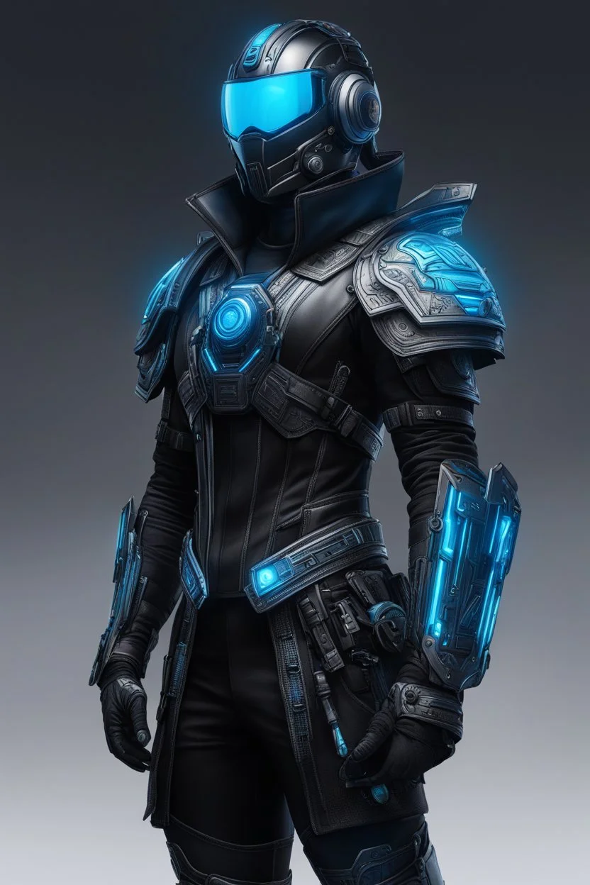 Someone wears a black Changshan costume and glass Cyberpunk helmet , full helmet cover , black and blue color, cyberpunk drawing style, neon, full body, intricate details, highly detailed, high details, detailed portrait, masterpiece,ultra detailed, ultra quality