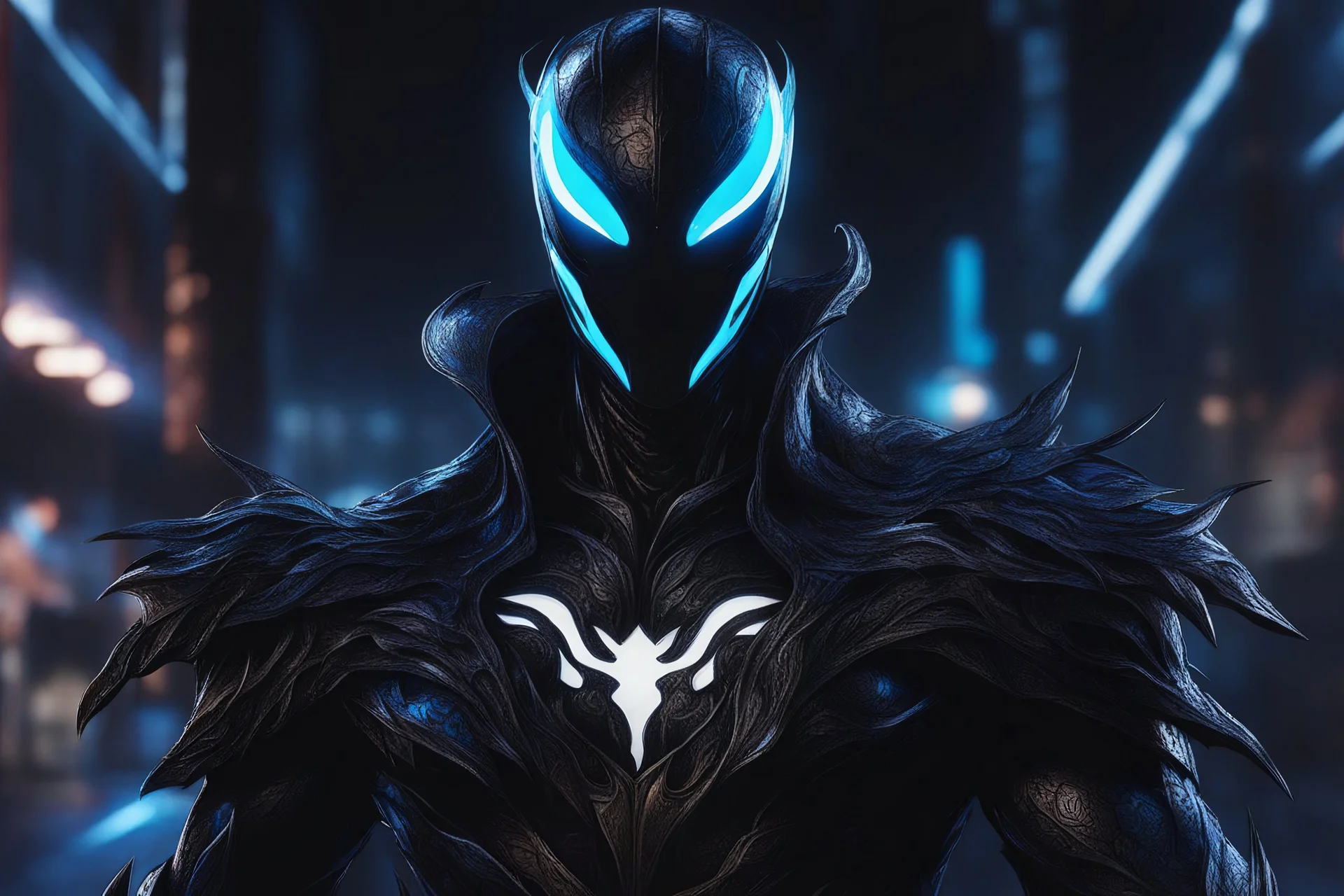 Huge symbiote in 8k solo leveling shadow drawing, shaco model, Halloween theme, neon blue lights, Chaos sea, intricate details, highly detailed, high details, detailed portrait, masterpiece,ultra detailed, ultra quality