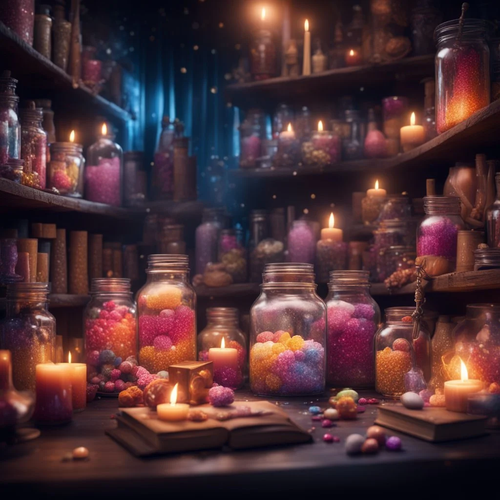 magic shop, magical treats and candy in jars, magical books and wands everywhere very dark room, candle light, bright vibrant colors, glowing sparkle particles, dark tone, sharp focus, high contrast, 8k resolution, incredible depth, shallow depth of field, dramatic lighting, beautifully intricate details, clean environment, epic dynamic scene