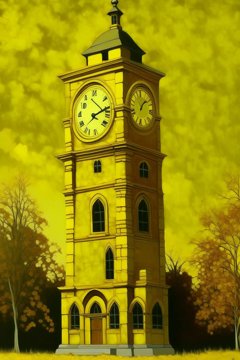 A golden yellow clock tower covered in acid painted by Grant Wood