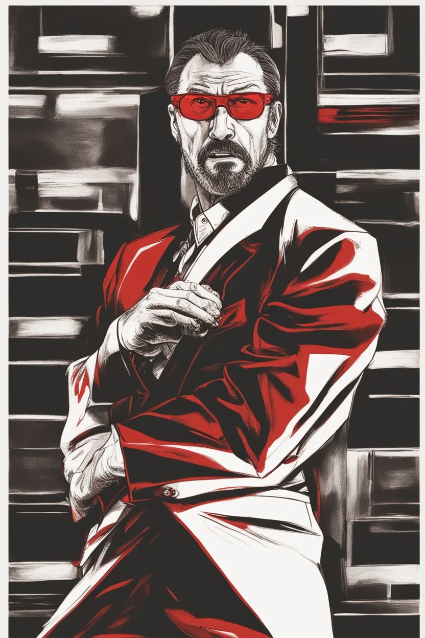 a tough looking, angry man who looks like Hans Gruber wearing solid red glasses