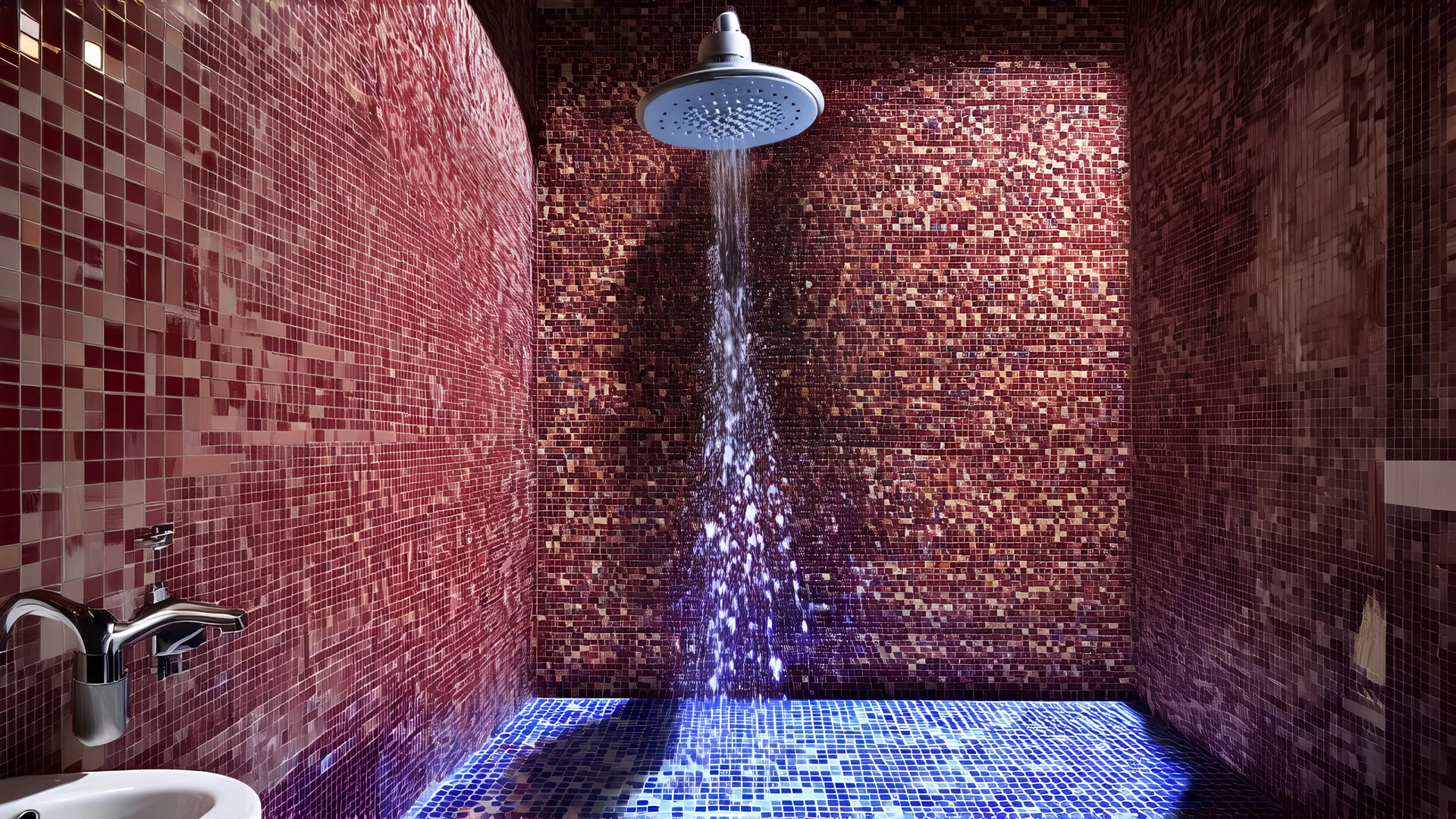 a surreal lavatory featuring gravity-defying objects, such as a showerhead pouring upward, bright patterns on the tiles, and whimsical shadows cast by unseen sources, vibrant colors creating a fantastical feel, Burgundy-&-blue color, scandinavian vibe, diffused pale light