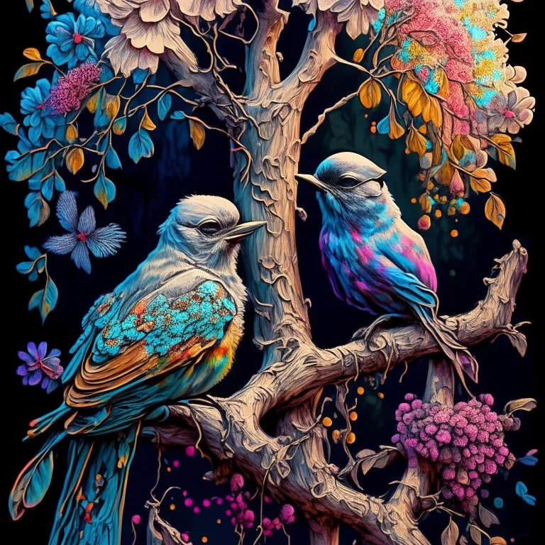 Fantasy birds in a tree, highly detailed, attractive beautiful, 1800’s, surreal, soft moody color splash, ink flowers on the ground Modifiers: digital painting extremely detailed fantasy high definition crisp quality Zentangle Style