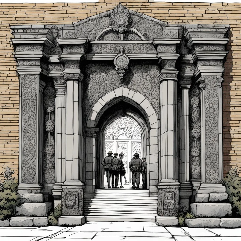 (art by underground comix artist, Charles Bukowski) The ornate gateway marks the boundary of a significant noble holding, though the weathered stonework and modest maintenance suggest a family of respectable but not exceptional wealth. The three-person security detail demonstrates the privatised nature of law enforcement beyond the capital's immediate environs – landed families maintain their own armed personnel for property protection, dispute resolution, and deterrence against banditry. These