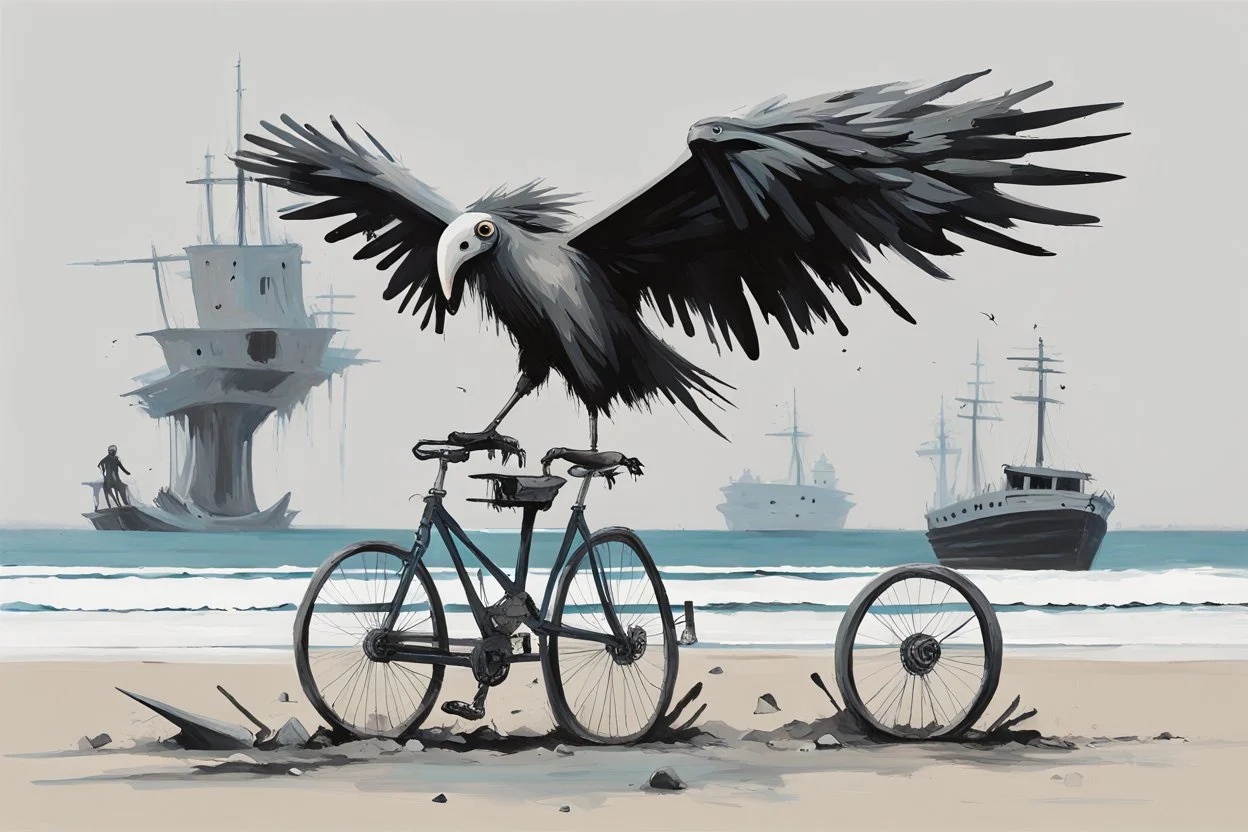a long-legged lean black-grey cybervulture with ((beak-shaped heads)) (wearing white khiton) riding a bike in front of a boatwreck on a radioactive beach, front view, acrylic painting, minimal art, centered, wild sparse brushstrokes, amazing verticals, great parallels, low bleak colors of gray, blue and black, excellent negative space contrasts