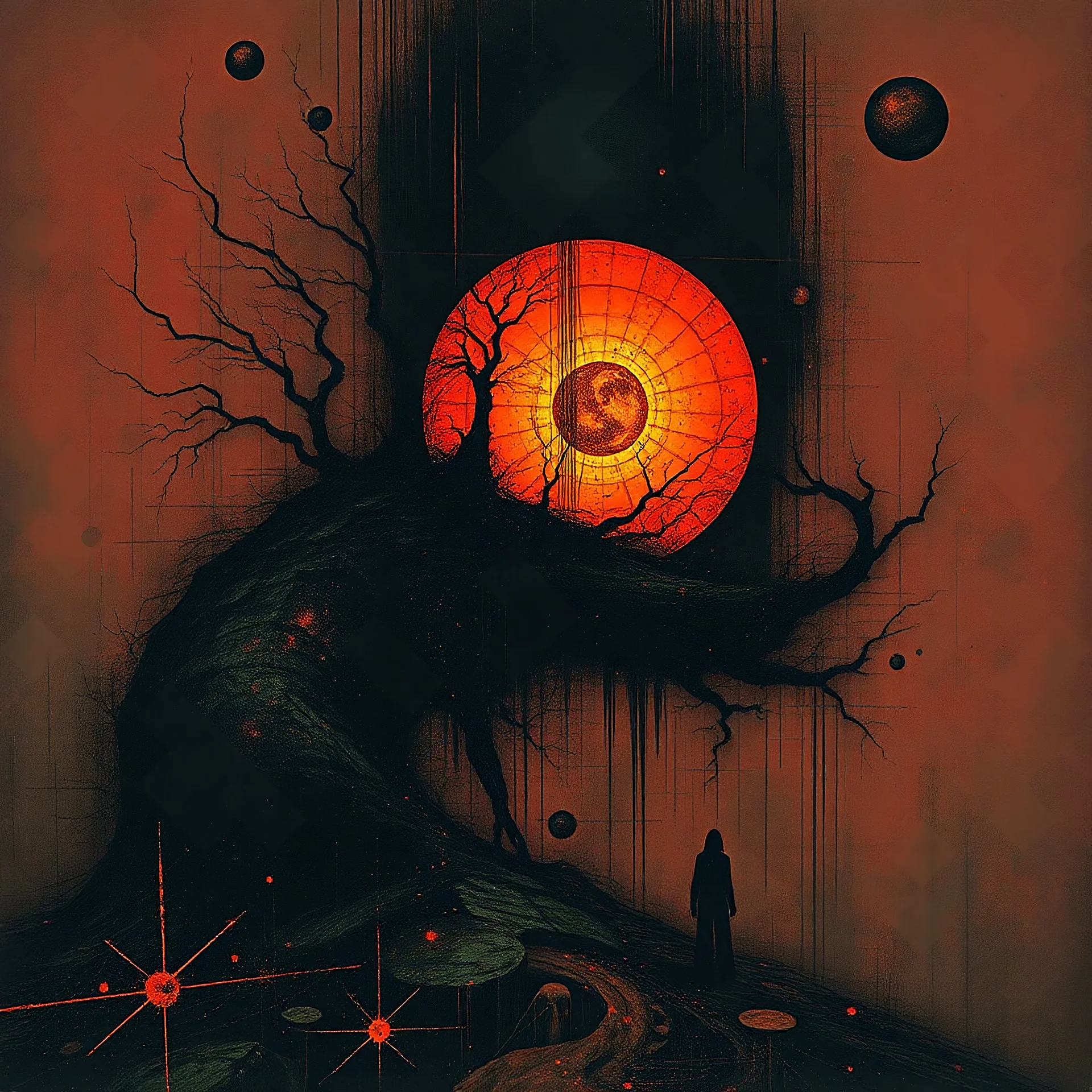 Melancholy a hunger that never satisfies, by Dave McKean, inspired by the nightmare paintings of Zdzislaw Beksinski, by Wassily Kandinsky, gnostic tragedy, sinister glitchy illustration