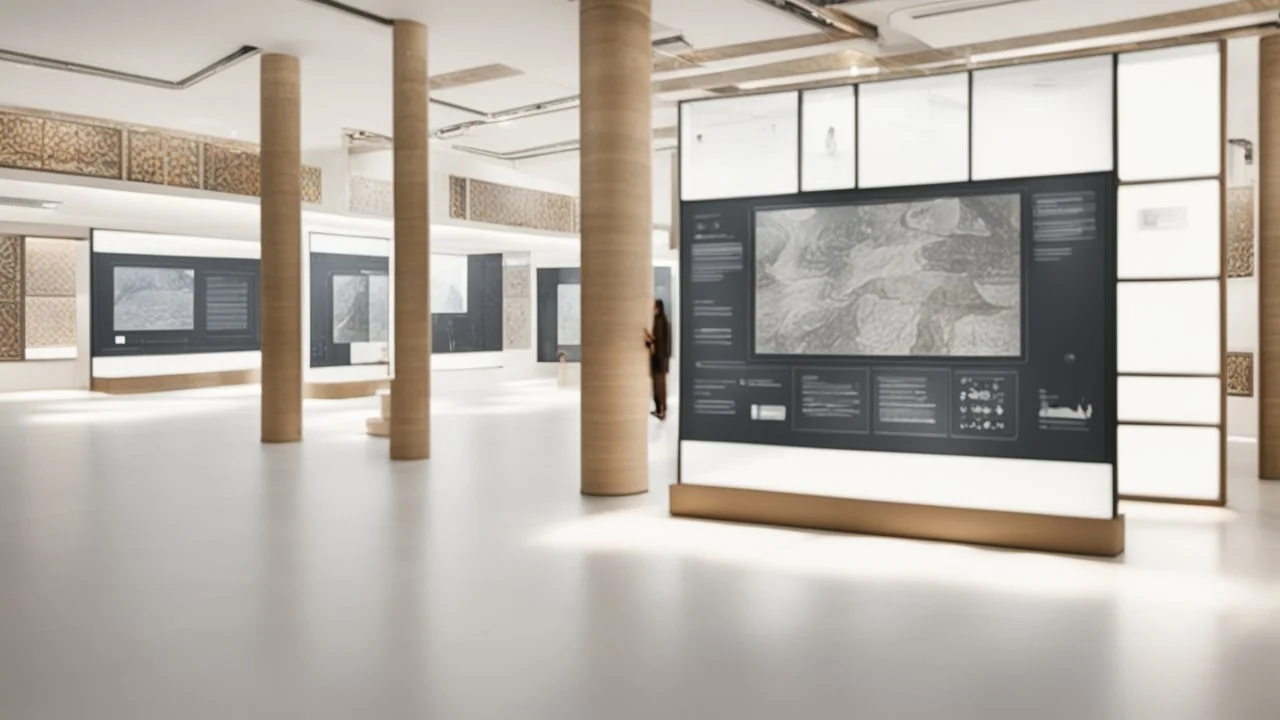 Interactive display screens in the Naqshahat Museum showroom, measuring 10 meters by 14 metres