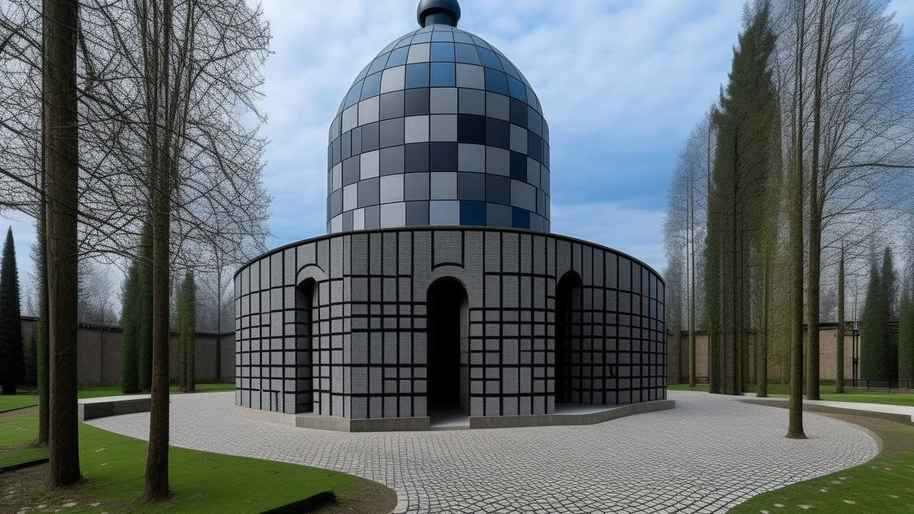 A gray monastery made out if steel painted by Victor Vasarely