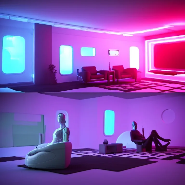 concept of futuristic living room, cyborg sitting, cinema 4d, blender, complex, beautyfull, 8k, neon lights, dogs