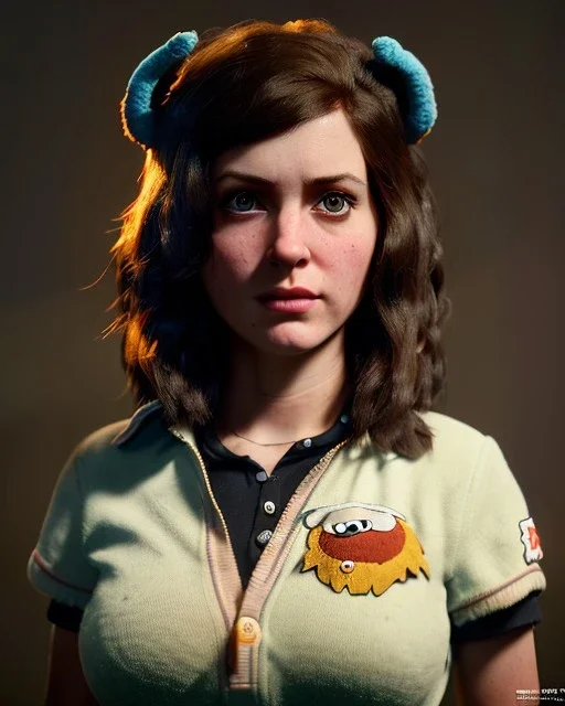 Portrait, Irish waitress woman with monster muppet mask that covers her entire head, retro style, Sesame Street style, black, smooth, unreal engine 5, god lights, ray tracing, RTX, lumen lighting, ultra detail, volumetric lighting, 3d.