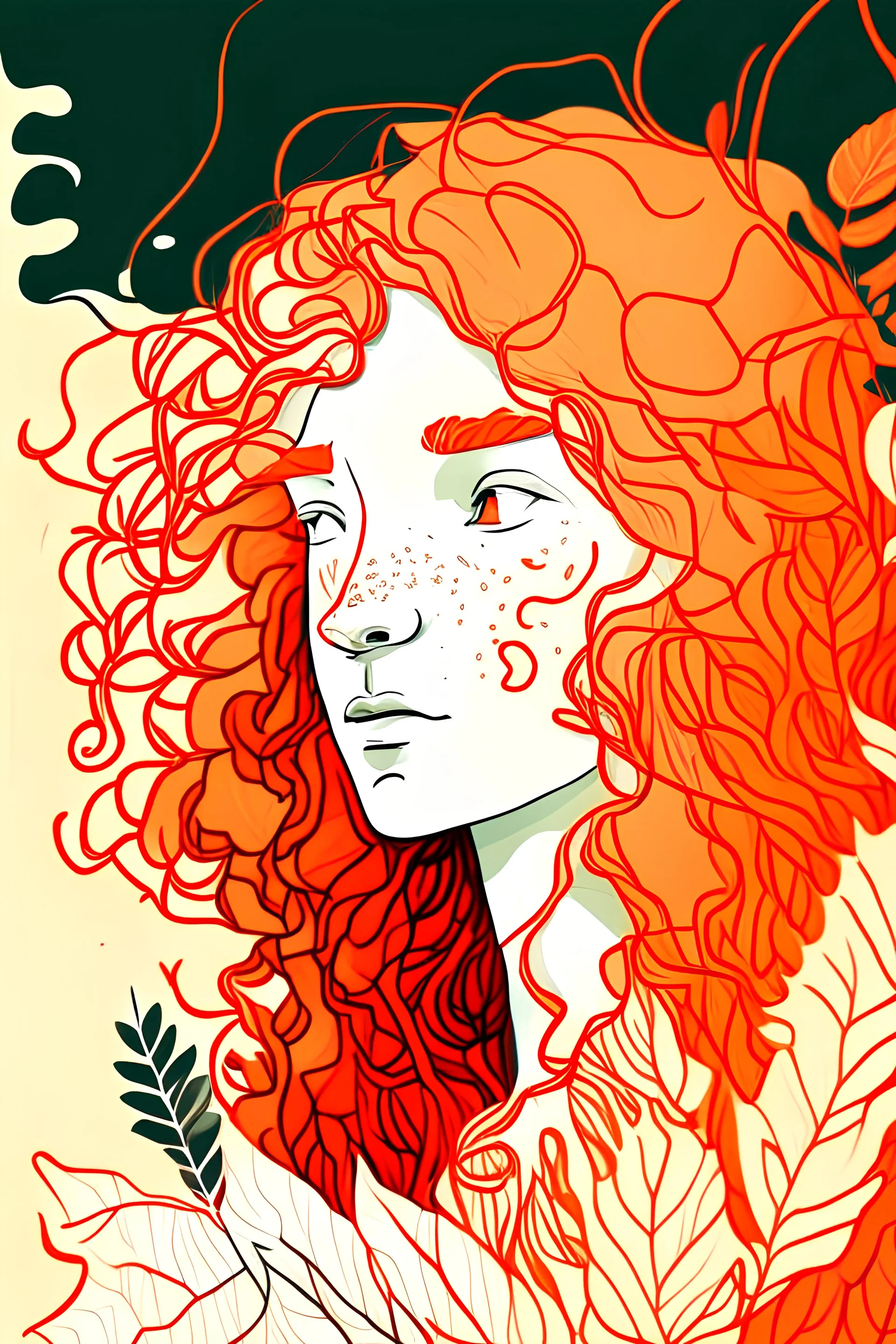 one line painting portrait of orange curly hair white girl leafy and red plants background