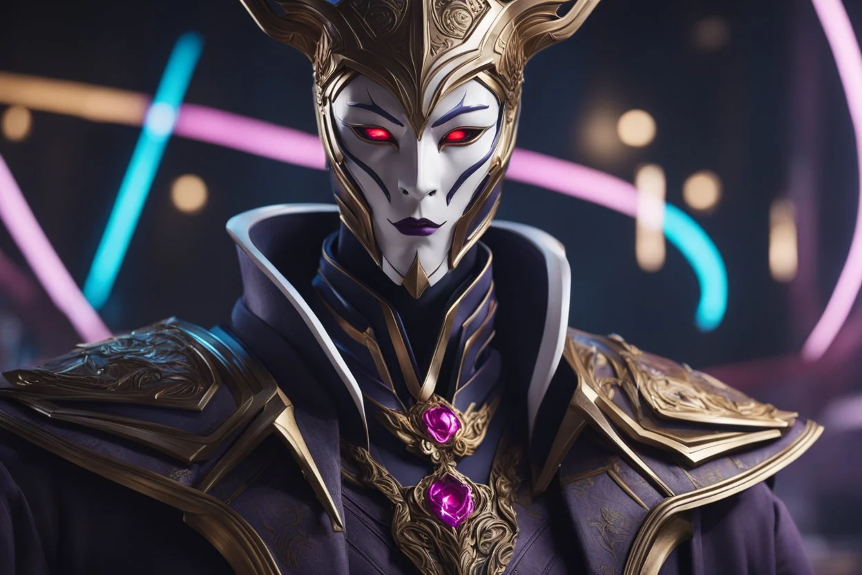 Jhin in 8k live action artstyle, white jhin mask, normal eyes, wapen, close picture, neon lights, intricate details, highly detailed, high details, detailed portrait, masterpiece,ultra detailed, ultra quality