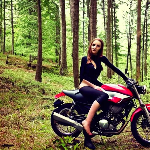 Very attractive woman sitting on a motorcycle. The bike is Yamaha. In the background is a forest.