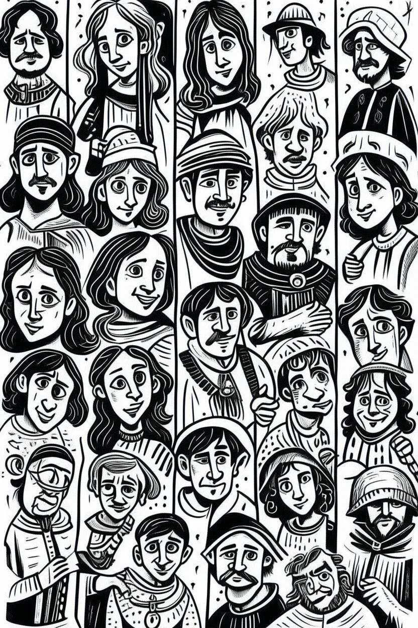 risograph diferent medieval people with diferent expressions, some dramatic, somo happy. At a party the style is minimal black and white stamp. in the sheet there are more than 5. very diverse court memebers and everyday people. man, woman, kids. white background