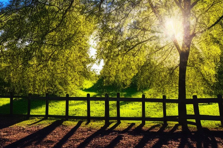 Sunny day, trees, and fence, photography, hyperdetailed, 4k