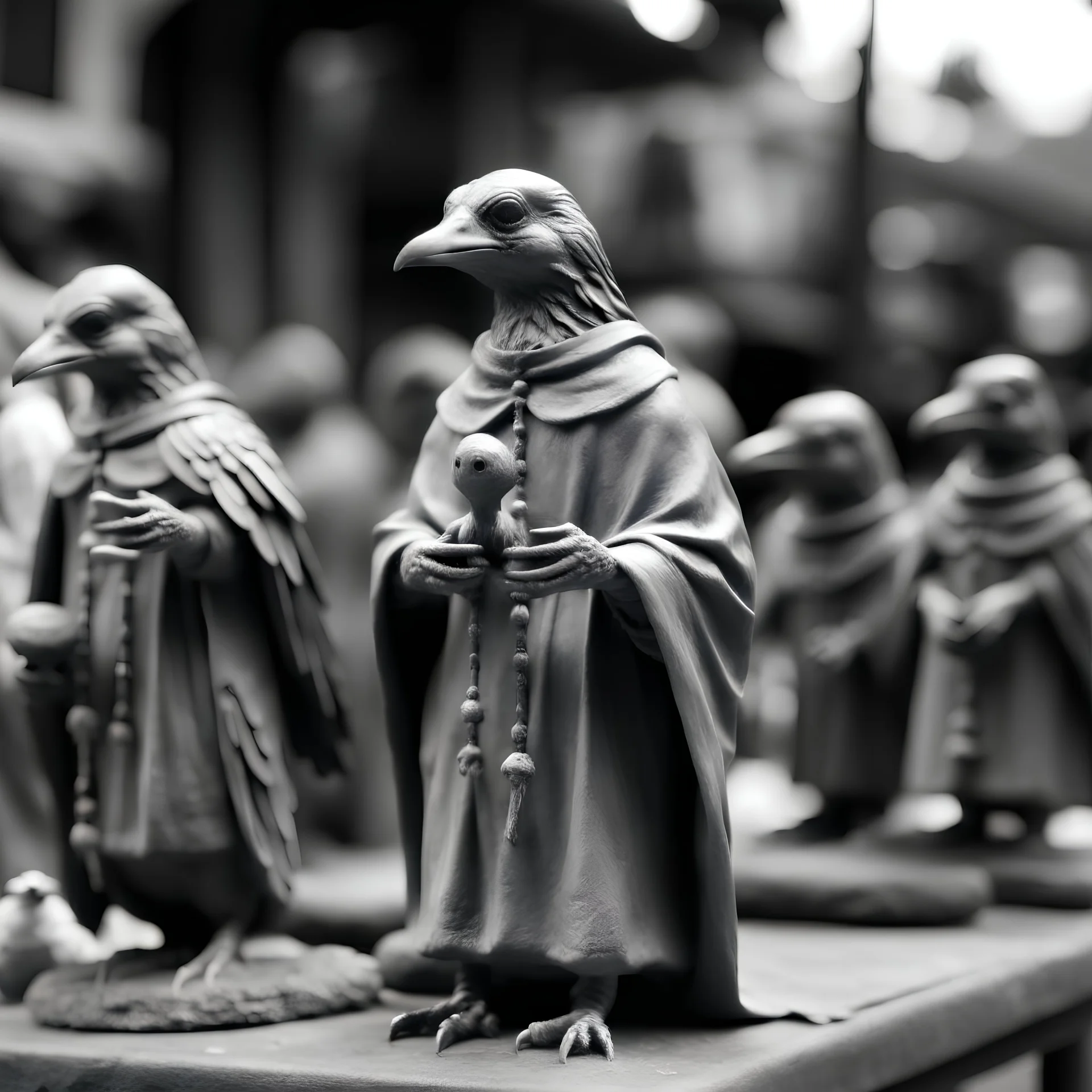 a statuette of a birdperson cult in a display greyscale photo