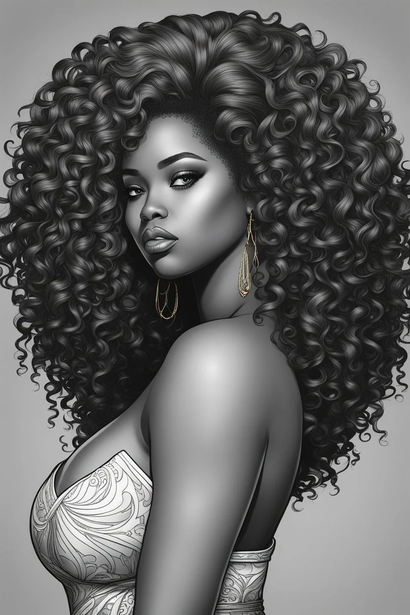 Create a coloring page of a beautiful curvy black female looking to the side with curly hair. No shading, No color, clean lines