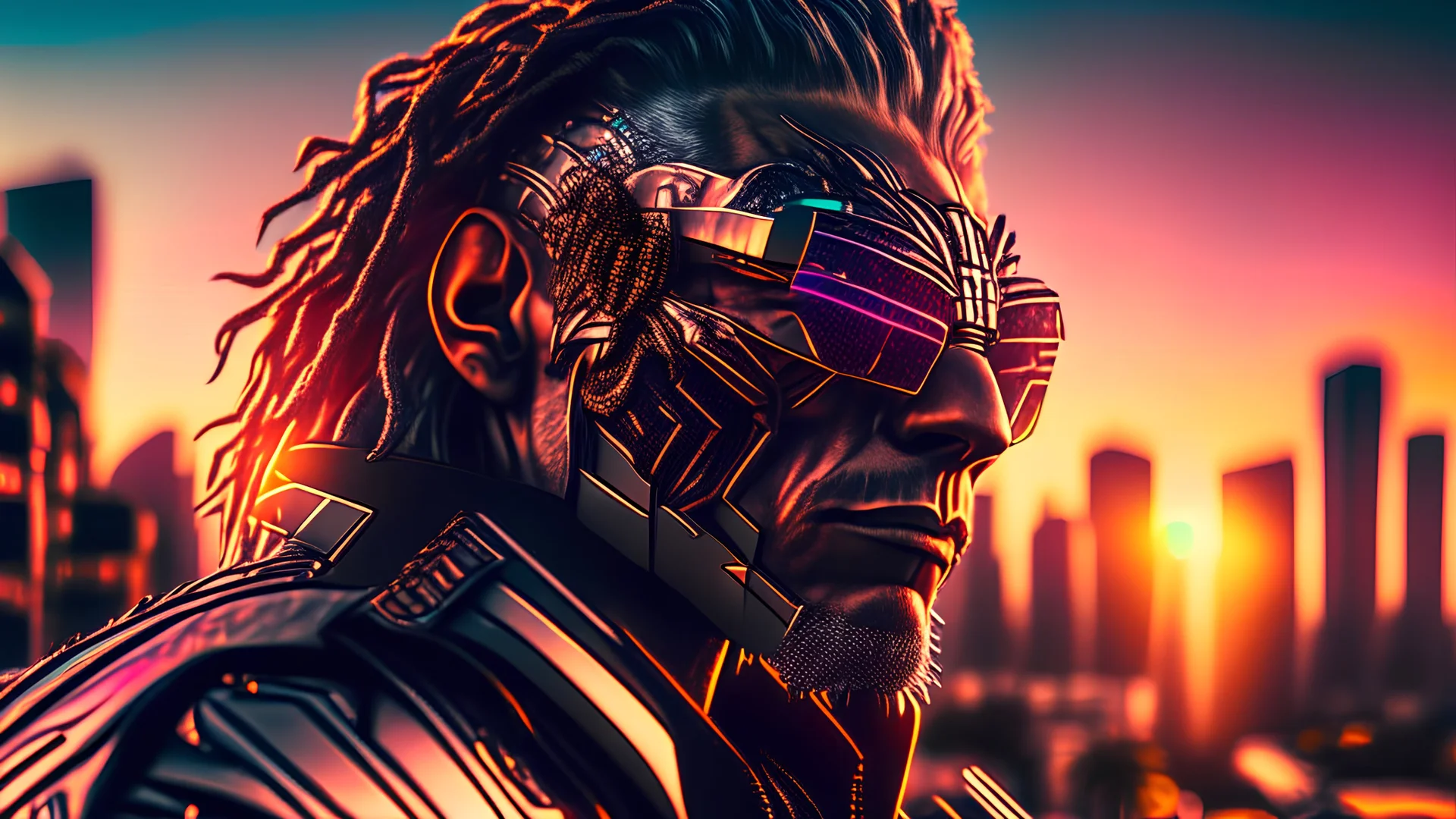 face portrait of a suave bounty hunter lion cyborg with black sunglasses relaxing outside a club. sunset. intricate details. Big city background. photo real. reflections. 8k. rgb