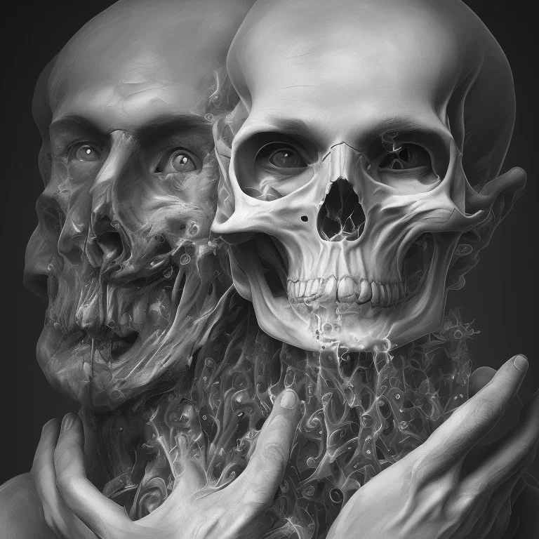 portrait of a man with a integrating face showing his skull while hands claw at his body, black and white, digital painting.