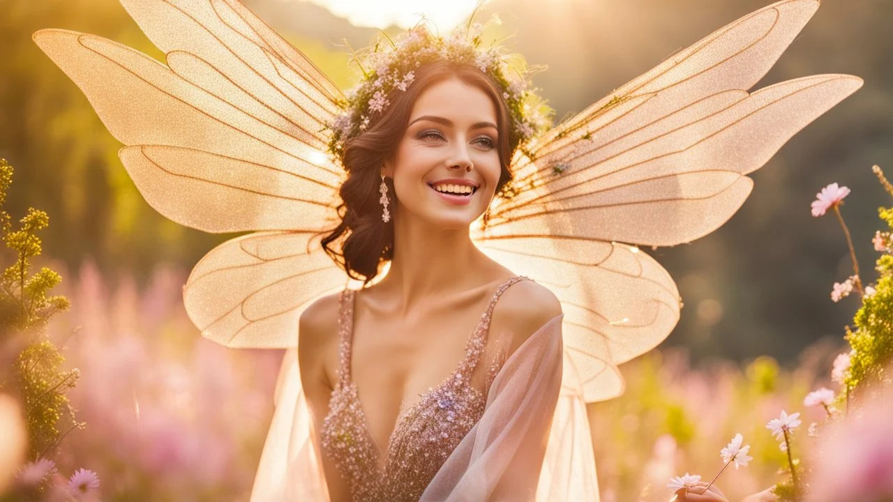 A gorgeous smiling brunette model in a fairy outfit with great glittering wings in a hills of flowers with 1000 y/o trees, a small torrent, loads of mini flowers, moss, sun rays through the branches, particles in the air at spring