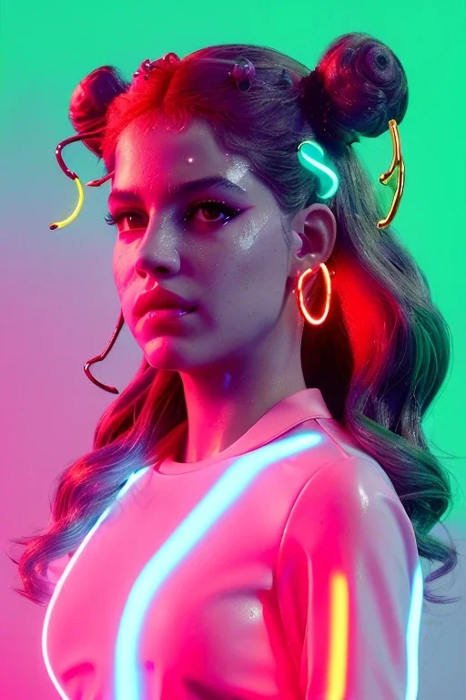 Rosalía artist, Realistic image, natural waist up portrait, perfect eyes, glow, circle iris, eye liner. pigtails hair, face, spray line make up, glow. lips, gold. big rings piercing, led ornament, pearls. coat, latex, inflatable, hot, led lights, minimal, neon, pink, blue, gold, vibrant color, highly detailed, art stations, concept art, smooth, unreal engine 5, god lights, ray tracing, RTX, lumen lighting, ultra detail, volumetric lighting, 3d, finely drawn, high definition, 4k.