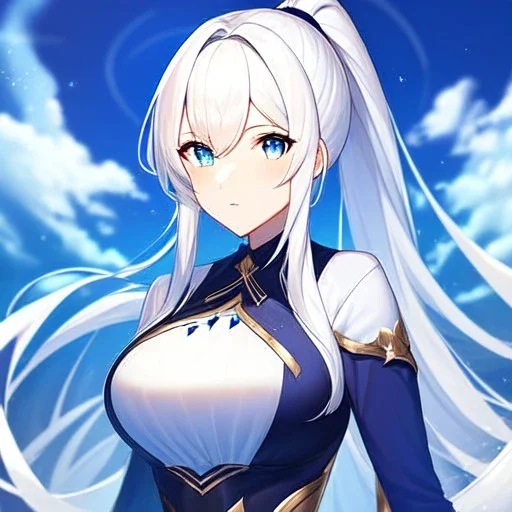 girl, masterpiece, best quality, volumetric lighting, detailed outfit, perfect eyes, long hair, white hair, blue eyes, ponytail,