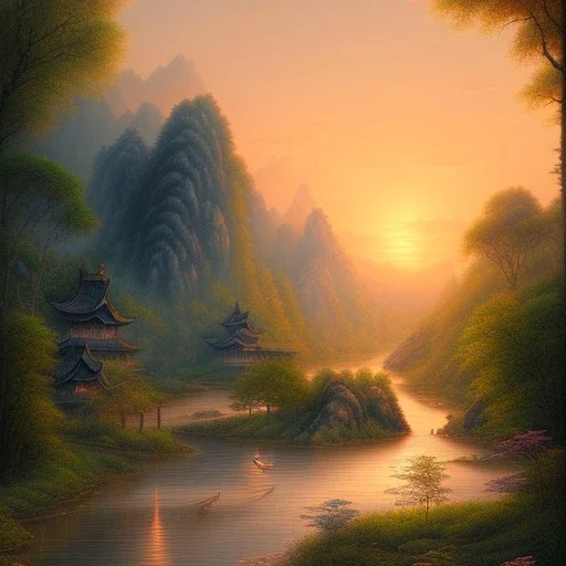 uma paisagem chinesa com rios e arvores, por do sol ao fundo, desenho a lapis, tons pastel, luz suave