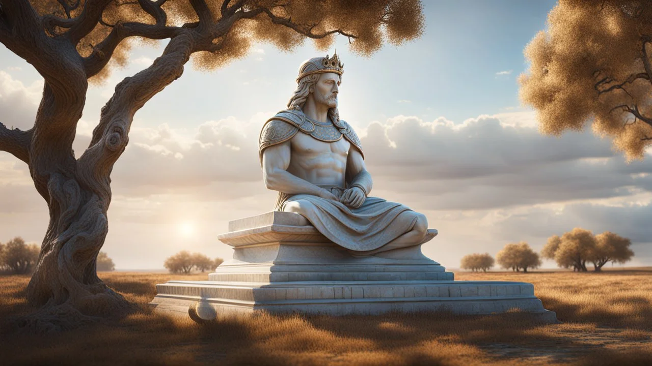 An endless steppe with ancient white oaks and one ancient marble statue of a king. fantasy concept art, exquisite realism, a masterpiece, dynamic lighting, hyperdetailed, intricately detailed, deep color, Unreal Engine, volumetric lighting , Epic cinematic brilliant stunning intricate meticulously detailed dramatic atmospheric maximal,