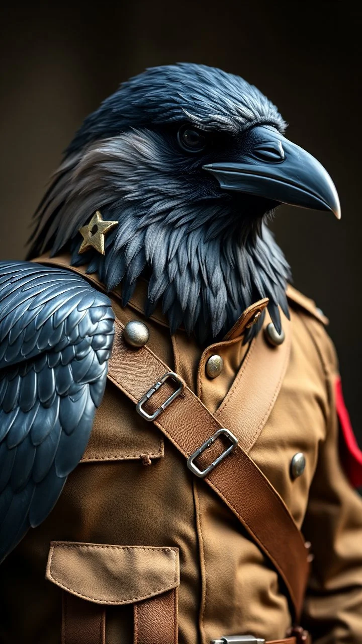 a crow wearing a soldier uniform, realistic , pro photography , high quality, and cinematic scene