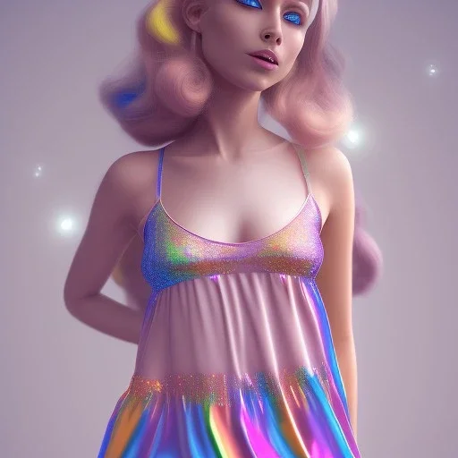 full body photo of smiling feminine pretty 19 year old boy wearing all girl's babydoll dress that is too small, with rainbow glitter eye make-up, flat chest, pronounced adam's apples, short and long pink hair, no body hair, no tattoos, transgender, highly detailed, photo realistic, plain background, still shot, photo realism, full body photo, 8k high resolution, high detail, --ar 2:3 --v 4